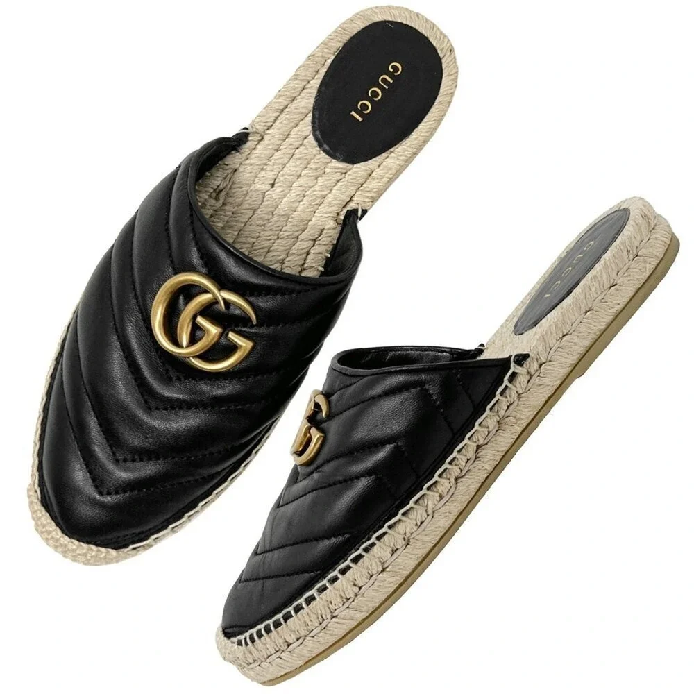 Gucci‎ Marmont Black Espadrille Mules GG Slides Flats Size 37